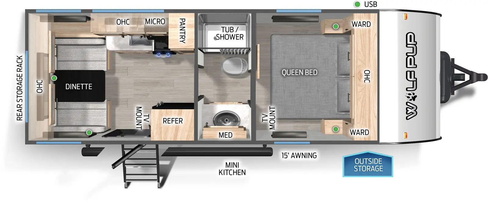 The Wolf Pup 16CM floorplan has one entry and zero slide outs. Exterior features include: metal exterior, 15' awning and outside kitchen. Interiors features include: front bedroom and pass through bathroom.